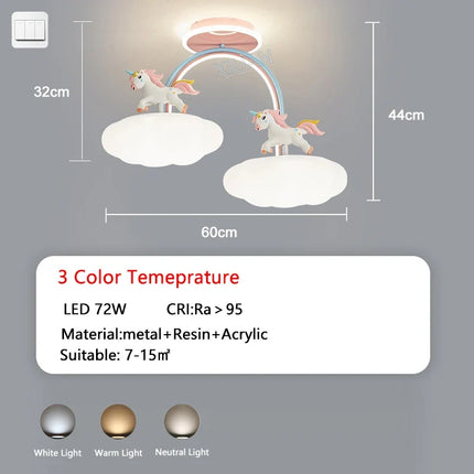 Dessin animé licorne lumière chambre d'enfant plafonnier avec télécommande nuage princesse chambre rose lustre lumière spectre complet