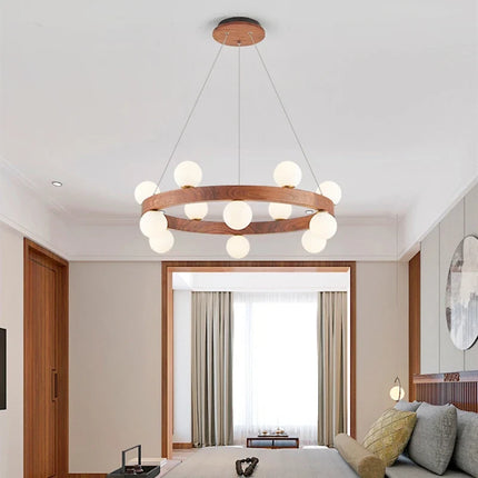 Lustre rond en noyer avec ampoules LED en verre moderne — LZ4X9P