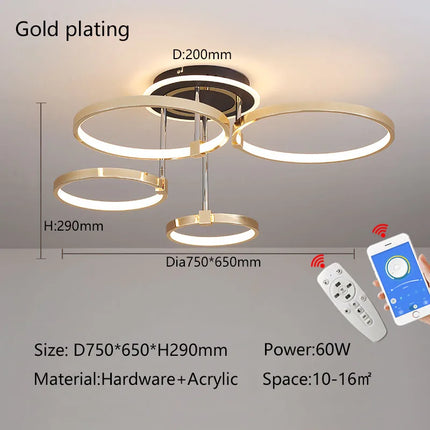 Plafonnier LED moderne à anneaux dorés — LZ4QJ7M