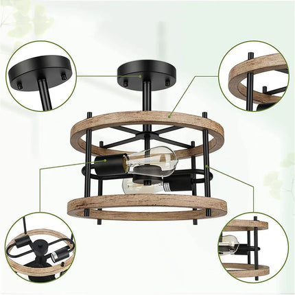Plafonnier rétro semi-encastré 2 lumières bois style ferme industrielle — LZ4X9T