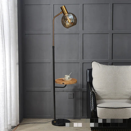 Lampadaire LED moderne verre ambre et base bois marbre E27 — LZ4M9X2