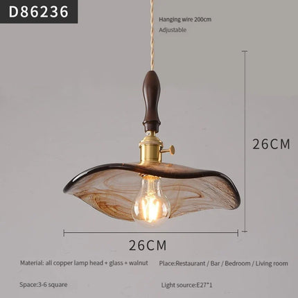suspension moderne en laiton avec abat-jour rustique en verre de noyer