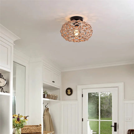Plafonnier rustique tissé en corde de chanvre noir pour couloir — LZ4X9P