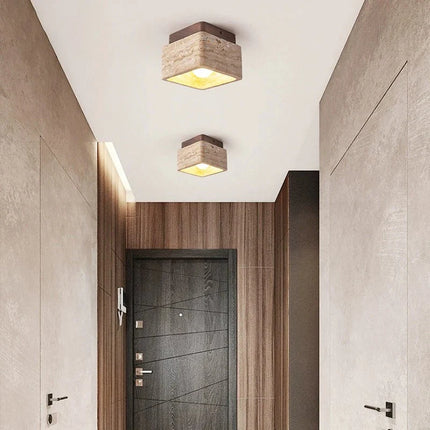 Plafonnier LED carré style nordique en pierre et bois crème pour porche et couloir — LZ4X9T