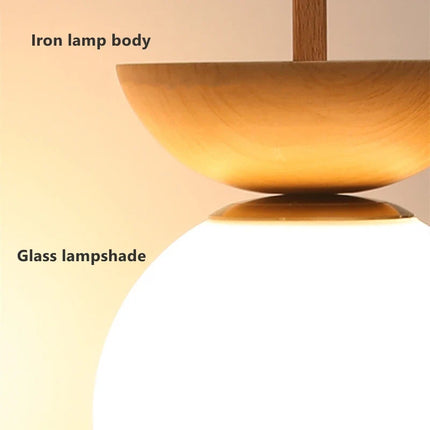 Plafonnier LED rond en verre avec abat-jour en bois naturel — LZ4X9T2