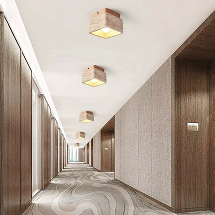 Plafonnier LED carré style nordique en pierre et bois crème pour porche et couloir — LZ4X9T