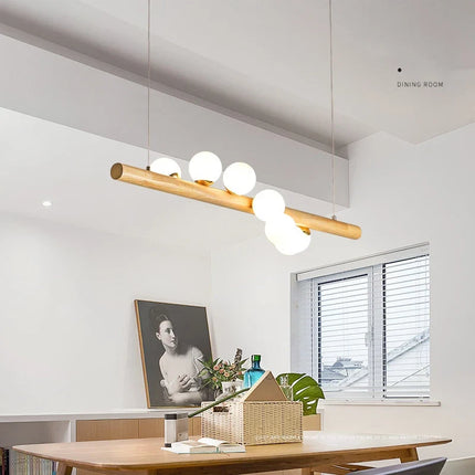 LED longue suspension en bois lumières moderne boule de verre lustre Art Design Luminaire en bois G9 suspension pour éclairage de salle à manger