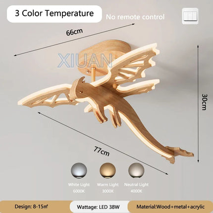 Plafonnier LED en bois naturel style nordique motif dragon pour enfants — LZ4X9T
