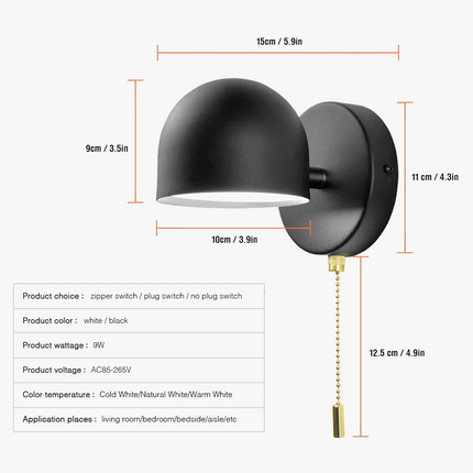 Applique murale LED nordique avec interrupteur et prise, noir et blanc pour chambre et hôtel — LZ4X9M2