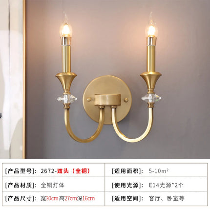 Applique murale double tête en cuivre avec lampe à bougie LED et cristal — LZ4X7P