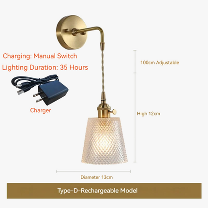Applique murale LED scandinave en verre et laiton avec interrupteur à batterie — LZ4X9JQ