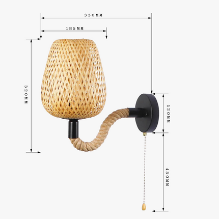 Applique murale rétro en rotin bambou avec interrupteur et corde de chanvre — LZ4N7X