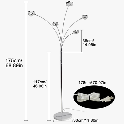 Lampadaire LED à 5 lumières dimmables avec bras et têtes réglables pour chambre et bureau — LZ4XJ9