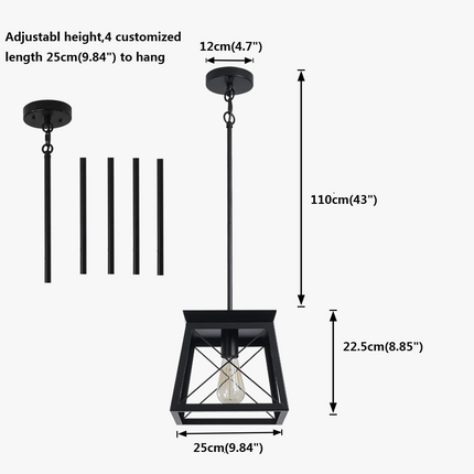 Ganeed Farmhouse Suspension Cage en métal Finition Bois 1 Lumière Lanterne Rustique Lustre Hauteur Réglable Suspension