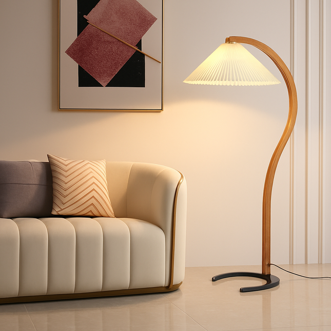 Lampadaire LED plissée en bois naturel et noyer