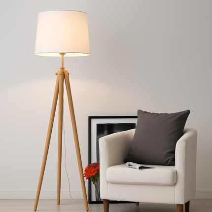 Lampadaire tripode en bois avec abat-jour en tissu — LZ4X9P2