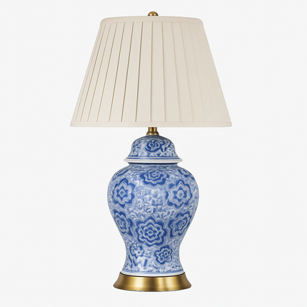 Lampe à poser LED en céramique bleue avec abat-jour blanc style japonais — LZ4X9P2