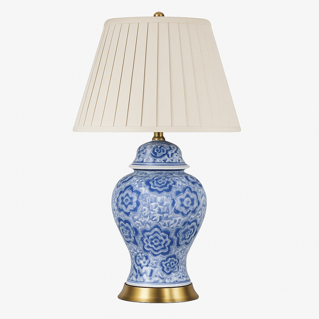 Lampe à poser LED en céramique bleu avec abat-jour blanc style Japonais