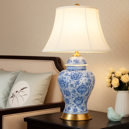 Lampe à poser LED en céramique bleue avec abat-jour blanc style japonais — LZ4X9P2