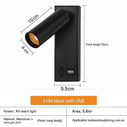 Applique murale LED 3W noire et blanche avec interrupteur et port USB pour chevet — LZ7XQ2