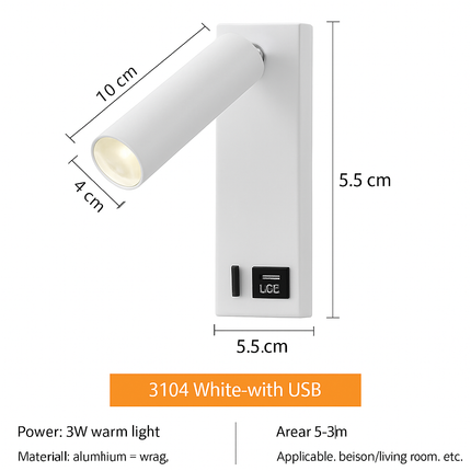 Applique murale LED 3W noire et blanche avec interrupteur et port USB pour chevet — LZ7XQ2