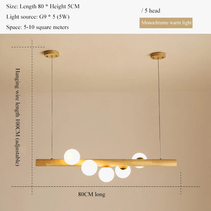 LED longue suspension en bois lumières moderne boule de verre lustre Art Design Luminaire en bois G9 suspension pour éclairage de salle à manger