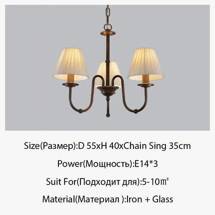Lustre de pays européen et américain classique en fer forgé salon chambre lampe salle à manger tissu abat-jour lustre