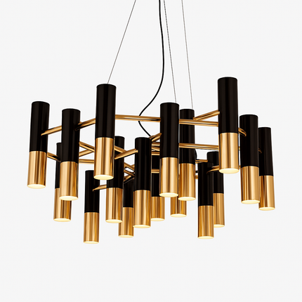 Lustre design avec tubes en métal noir et doré Italy