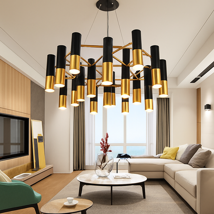 Lustre design avec tubes en métal noir et doré Italy