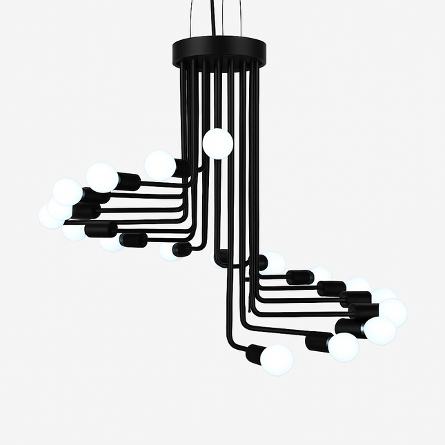 Lustre design noir avec plusieurs branches en forme d'escalier