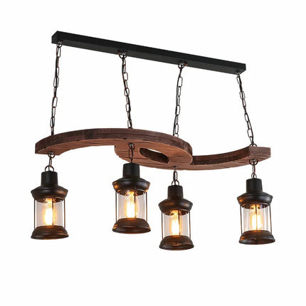 Lustre industriel 4 têtes en bois et fer pour café et bar — LZ4M9X