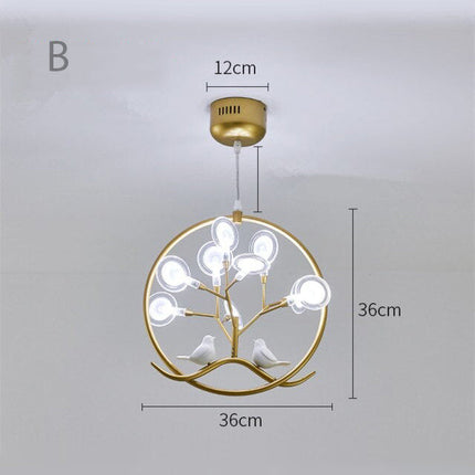 Lustre moderne avec arbre et oiseaux dans anneau Rhym