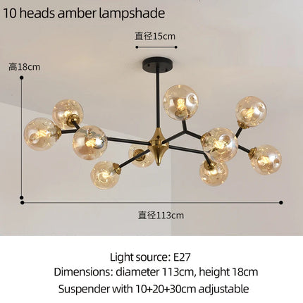 lustre moderne à branches rotatives en verre avec éclairage led