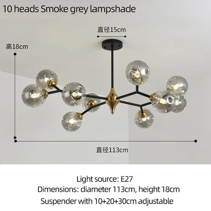 lustre moderne à branches rotatives en verre avec éclairage led