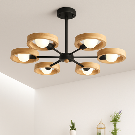 Lustre suspension nordique en bois avec abat-jour rond — LZ4X9P2
