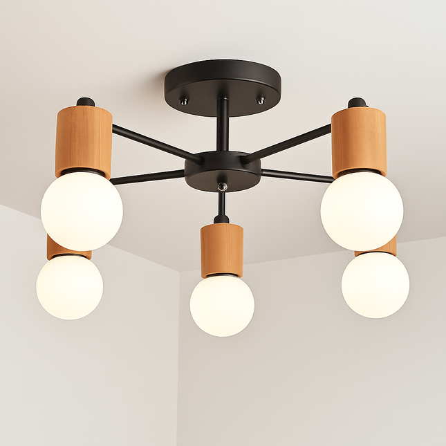 lustre sputnik industriel en bois et fer moderne