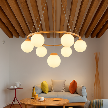 Lustre suspension en bois avec abat-jour en verre moderne — LZ4T9X