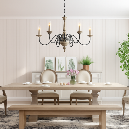 Lustre suspension vintage en bois massif style nordique français — LZ4X9T2