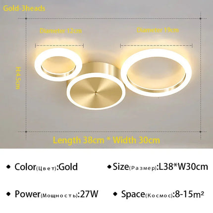 Plafonnier LED moderne en aluminium doré à anneaux pour salon — LZ4X9P2