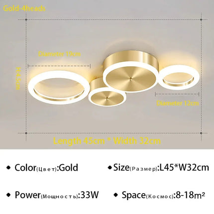 Plafonnier LED moderne en aluminium doré à anneaux pour salon — LZ4X9P2