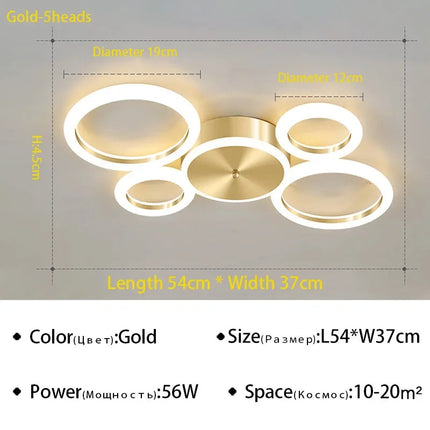 Plafonnier LED moderne en aluminium doré à anneaux pour salon — LZ4X9P2