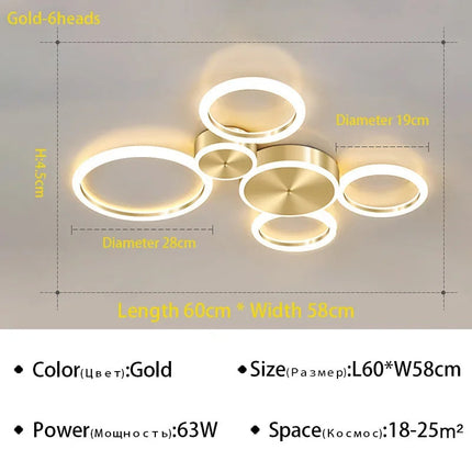 Plafonnier LED moderne en aluminium doré à anneaux pour salon — LZ4X9P2