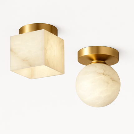 Plafonnier LED boule en marbre et laiton doré carré pour entrée et balcon — LZ4X9T2