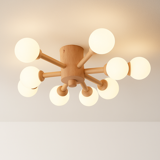 plafonnier en bois avec abat-jour boule de verre design moderne