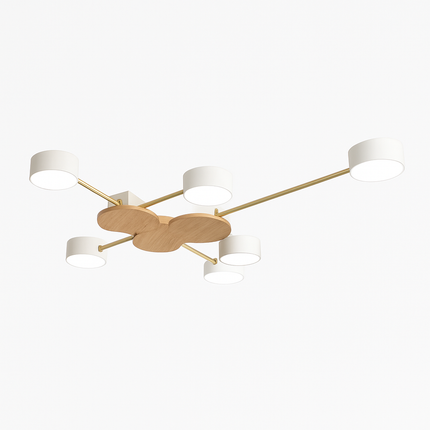 Plafonnier LED design en métal et bois avec plusieurs lampes rondes Aibiou