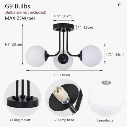 Plafonnier semi-encastré en fer forgé avec globe en verre blanc pour salon — LZ4X9JQ