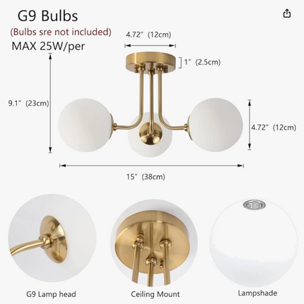 Plafonnier semi-encastré en fer forgé avec globe en verre blanc pour salon — LZ4X9JQ