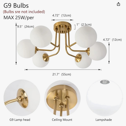 Plafonnier semi-encastré en fer forgé avec globe en verre blanc pour salon — LZ4X9JQ