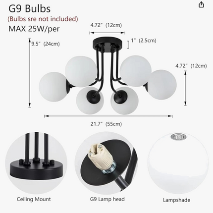 Plafonnier semi-encastré en fer forgé avec globe en verre blanc pour salon — LZ4X9JQ