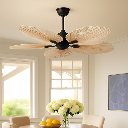 Plafonnier ventilateur avec pales en palmier naturel et télécommande — LZ4X9P